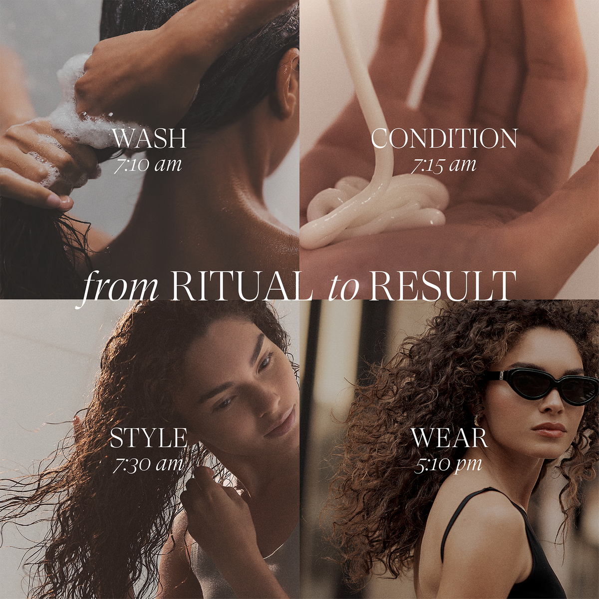 L'ANZA hair care routine showing wash, condition, style and wear