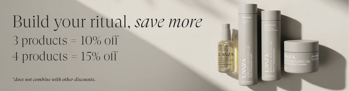 L'ANZA Keratin Healing Oil product line on a beige background promoting buying more to save